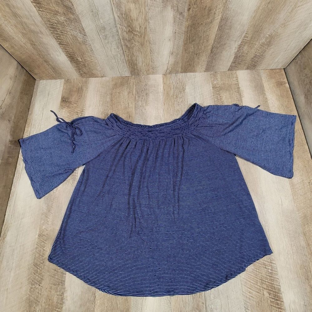 French Foundry Women's Plus Striped Off The Shoulder Top Navy Size 2X